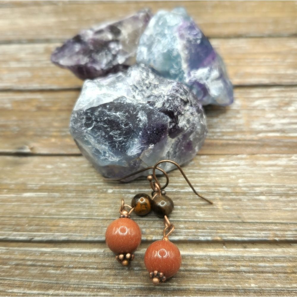 Goldstone Tigers Eye And Copper Drop Earrings 20$